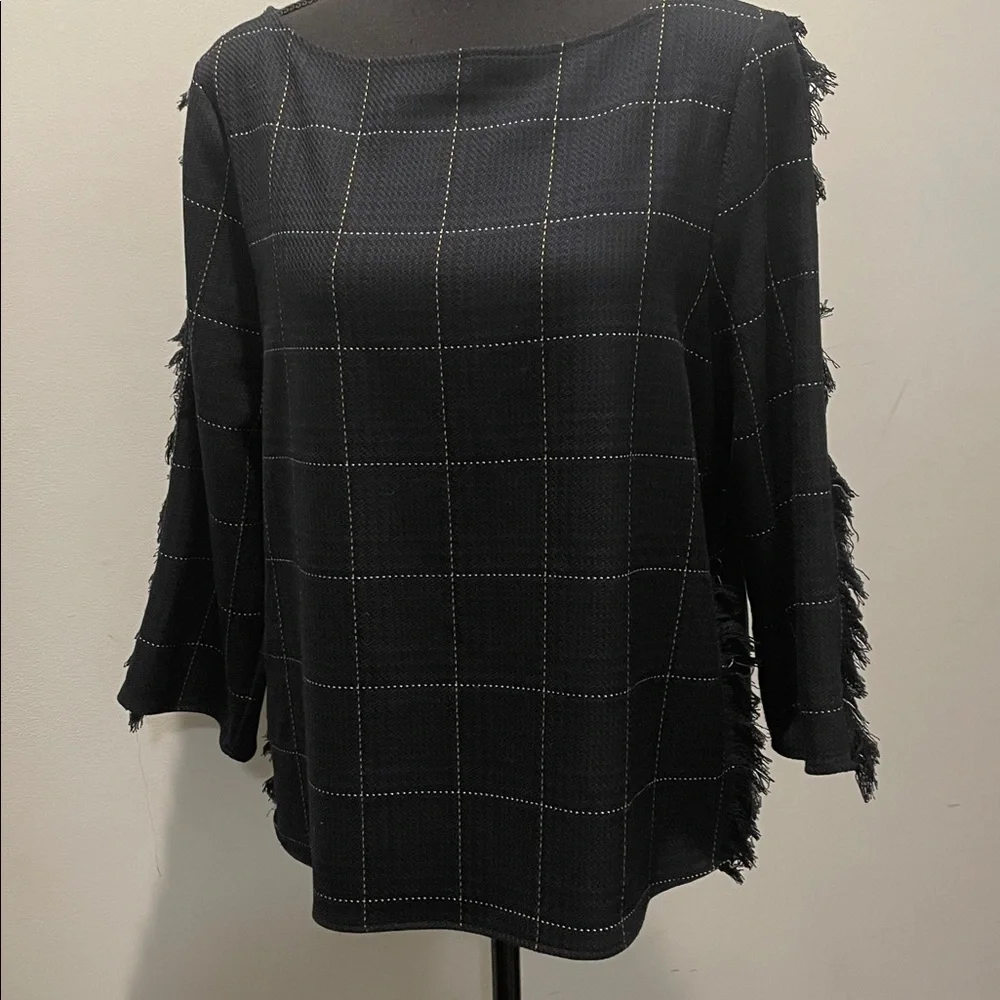 H&M Plaid Top Blouse Women Size 10 Black Blue  Yellow Subtle Decorative Fraying - Picture 3 of 14